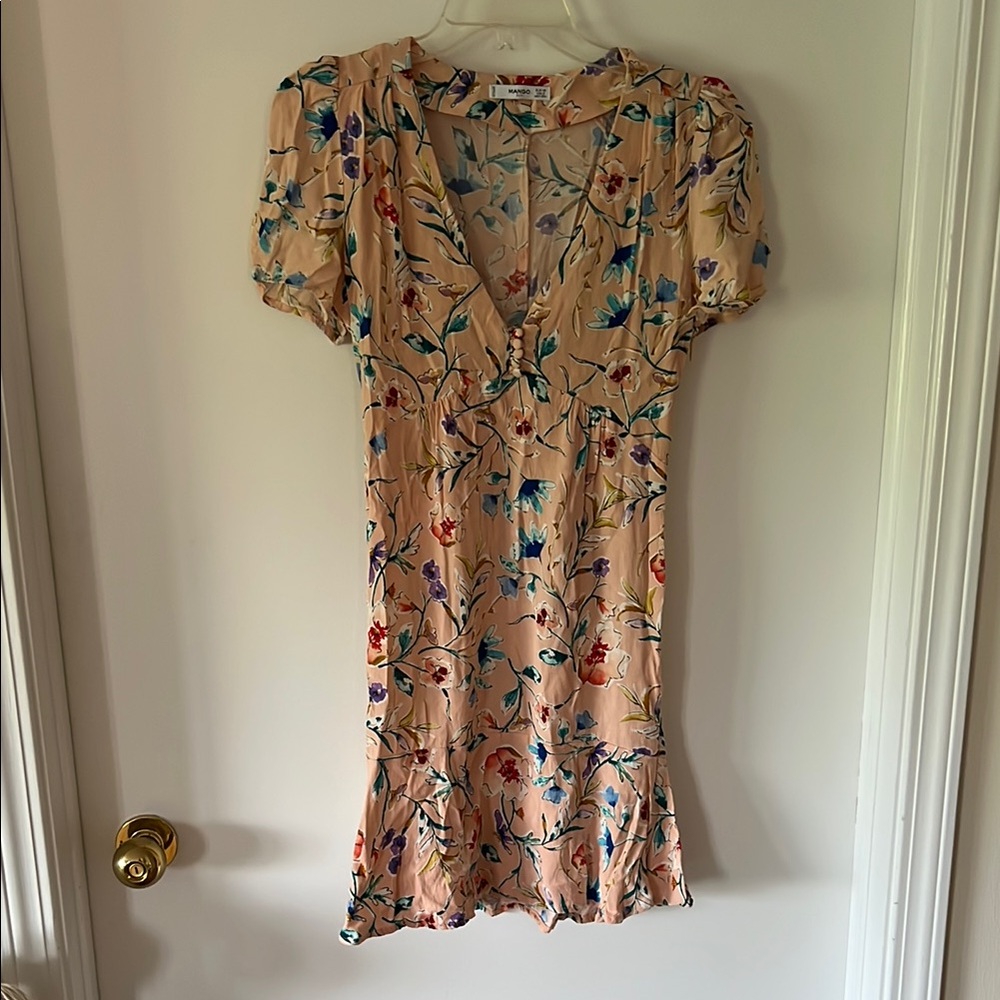 MANGO Women’s Peach Cream Puff Sleeve Mini Dress 👗📬💕